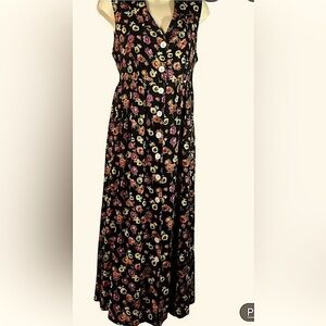 Robbie Bee 90’s Black Maxi Purple & Green Floral Designed Grandma-core Dress